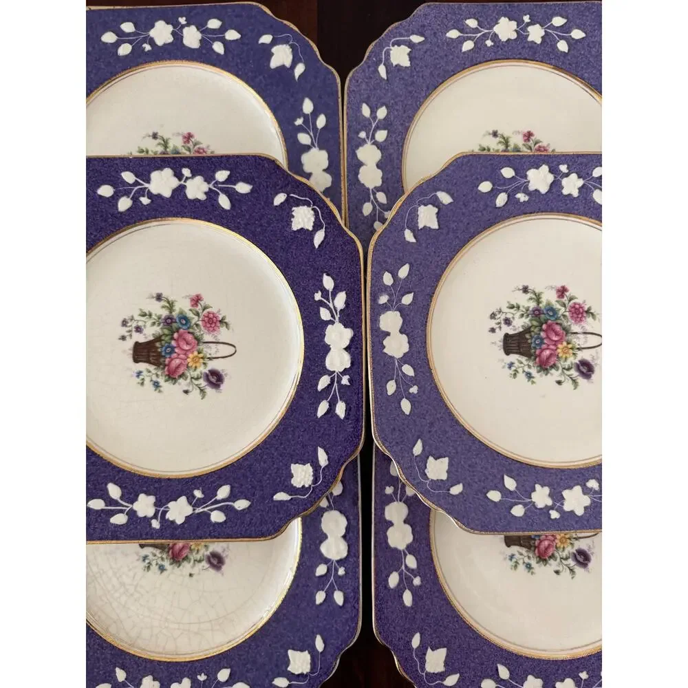 Wedgwood & Co Ltd Queens Ivory England 6 Purple Plates Floral Basket Vintage